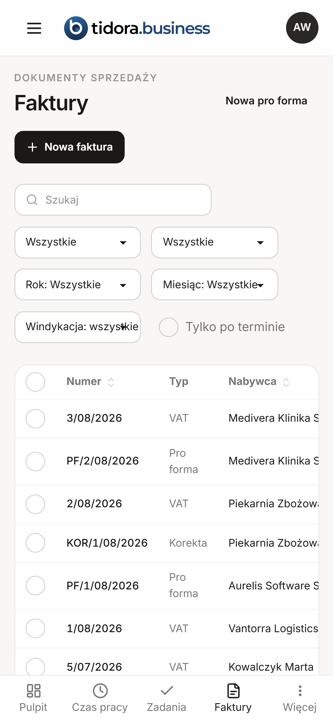 Lista faktur na telefonie